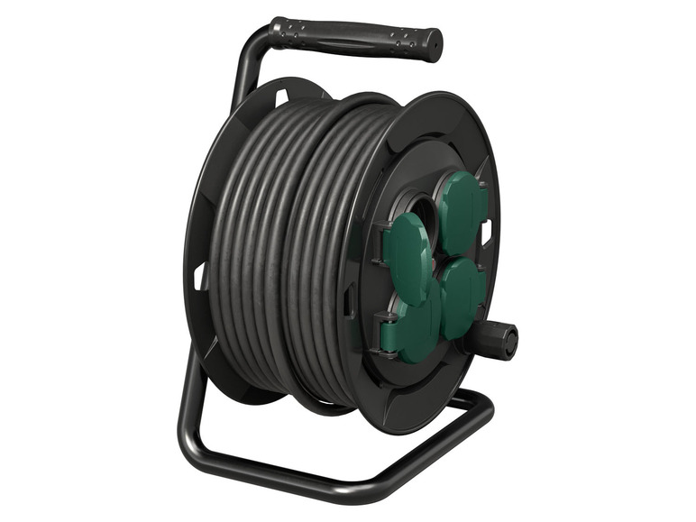 Černá cívka s kabelem a zelenými zásuvkami.