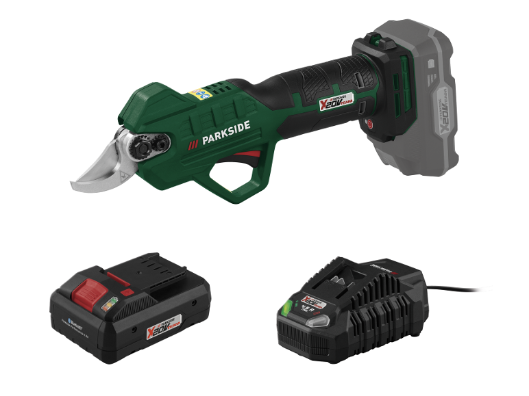 Aku nůžky na stříhání Parkside X20V Team s baterií a nabíječkou.