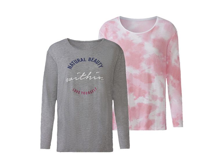 Dvě trička s dlouhým rukávem: šedé tričko s nápisem 'Natural beauty within, love yourself' a růžové tričko s tie-dye vzorem.