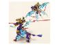 Dva modely LEGO Ninjago fialových a zlatých draků, jeden létající a jeden stojící na čtyřech nohách.