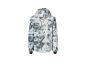 Bílá bunda s kapucí a černým tie-dye vzorem.