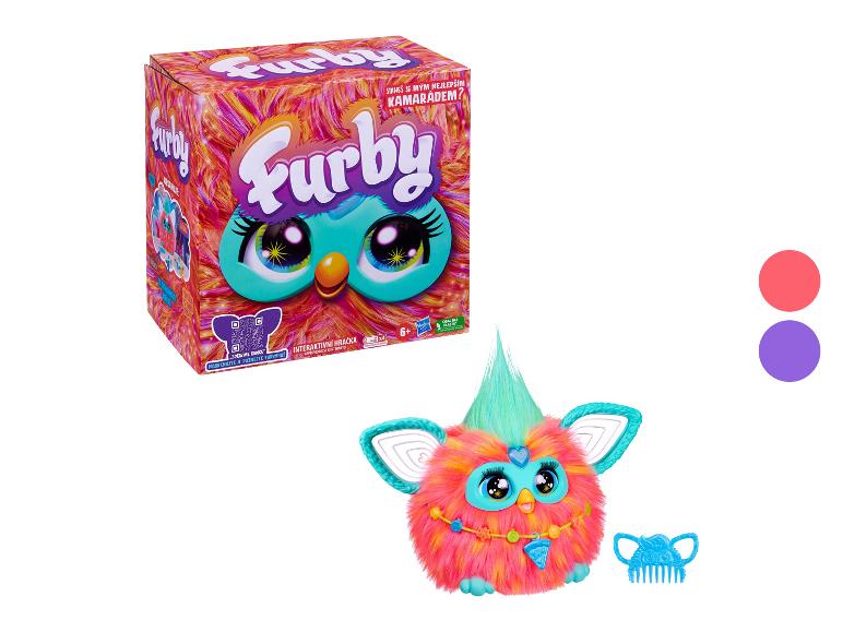 Interaktivní hračka Furby v růžovo-modré barvě s hřebenem, v krabici.