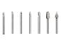 Sada 8 kovových rotačních fréz, s různými tvary a řezy.