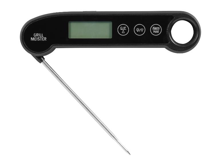 Černý digitální teploměr na maso Grill Meister s výklopnou sondou a displejem.