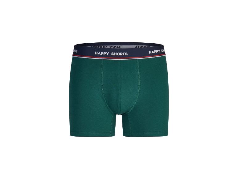 Zelené boxerky s tmavě modrým elastickým pasem a nápisem 'HAPPY SHORTS'.