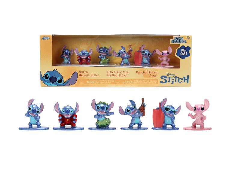 Sada kovových figurek Disney Stitch, včetně Stitcha, Stitcha s ukulele, Stitcha v červeném obleku, surfujícího Stitcha, tančícího Stitcha a Angela.
