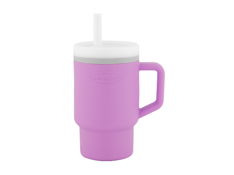 Fialový hrnek Infantino se slámkou a uchem.