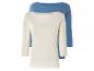 Dvě dámské trička s dlouhým rukávem, bílá a modrá.