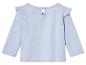 Světle modré tričko pro miminka s volány na ramenou.