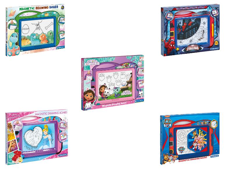 Kolekce magnetických kreslicích tabulek s motivy dinosaurů, Spider-Mana, Disney princezen, Gabby's Dollhouse a Tlapkové patroly.