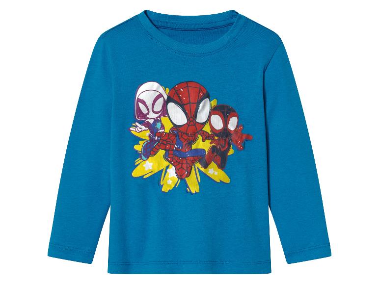 Dlouhý rukáv dětské tričko modré barvy s obrázkem Spider-Mana a jeho přátel.