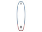 Bílý paddleboard s modrými a červenými okraji.