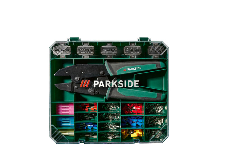 Klíšťky na krimpování a různé konektory v Parkside skladovací bedně.