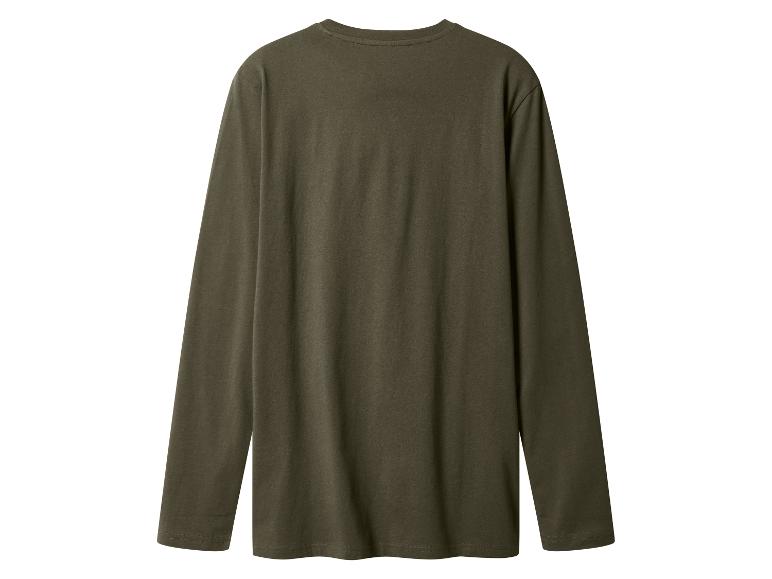 Tmavě zelené tričko s dlouhým rukávem a kulatým výstřihem, pohled zezadu.