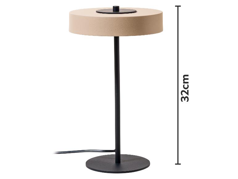 Béžová stolní lampa s černým stojanem a podstavcem, vysoká 32 cm.