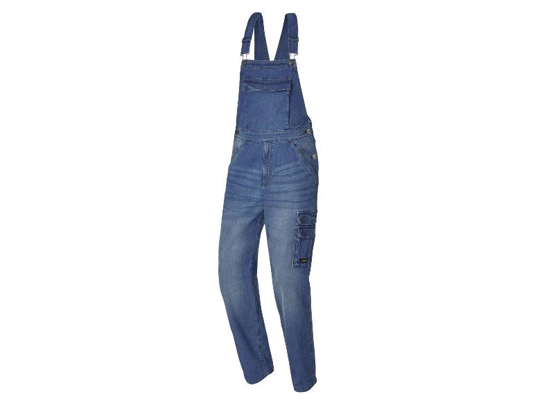 Modré pracovní kalhoty z denimu s více kapsami.