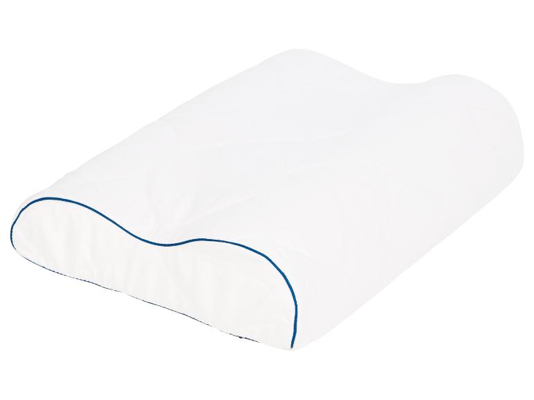 Bílý ergonomický polštář s tmavě modrým lemem.