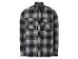 Šedá a černá kostkovaná košile s dlouhým rukávem.