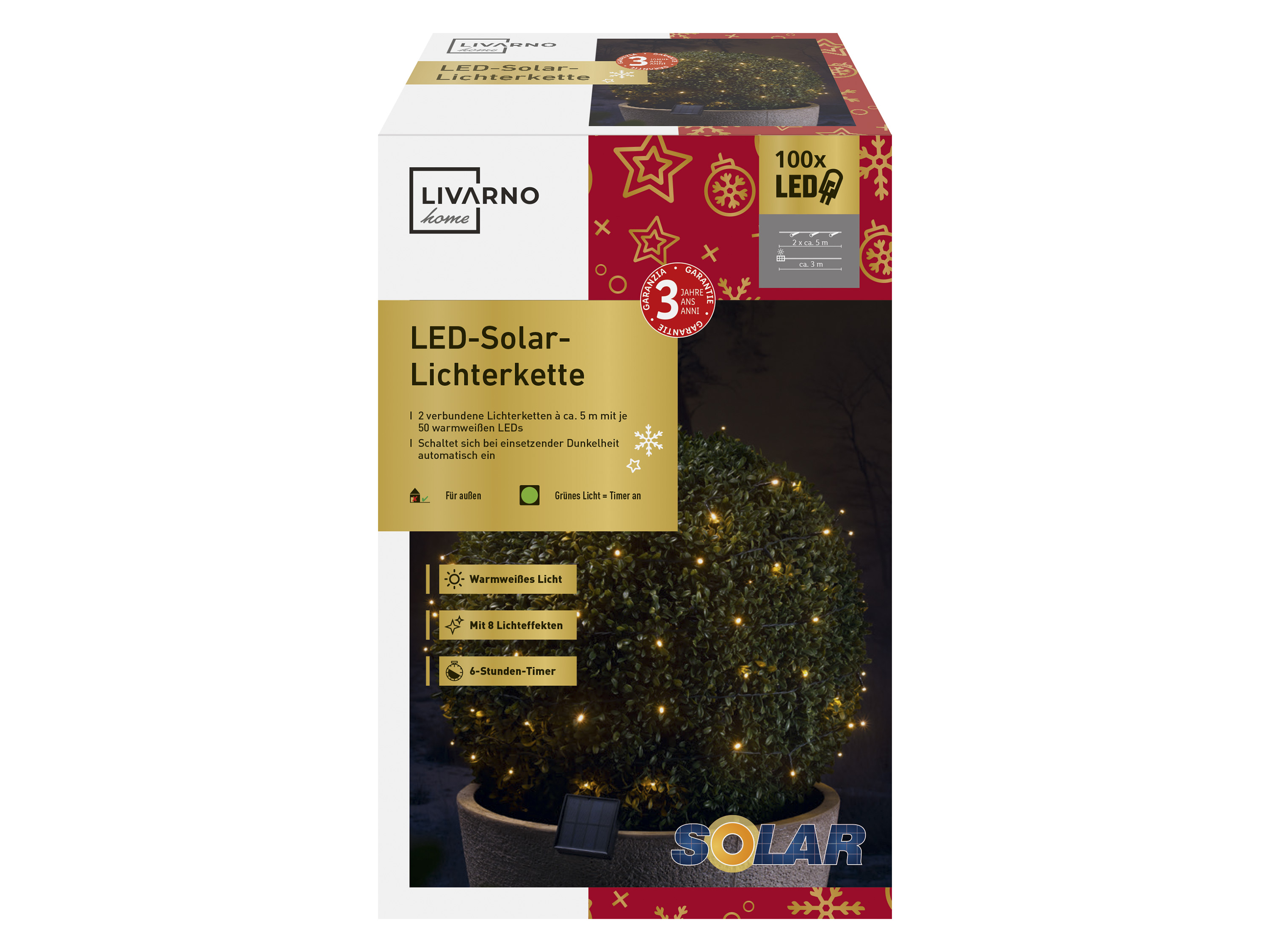 Livarno home Solární světelný LED řetěz, 100 LED (teplá bílá)