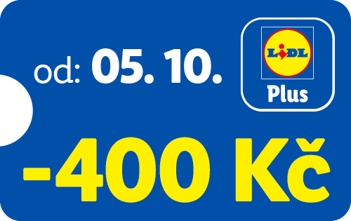 Modrý štítek s textem 'od: 05. 10.' a žlutým nápisem '-400 Kč'.