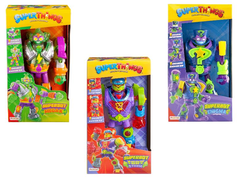Tři hrací krabice Superthings s figurkami Superbot Mega-K, Superbot Fury Storm a Superbot Enigma.