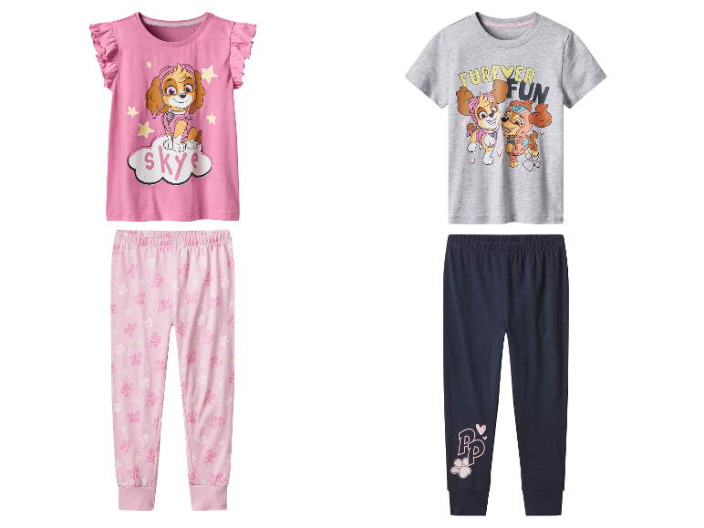 Dvě dětské pyžama pro holčičky s motivem Paw Patrol.