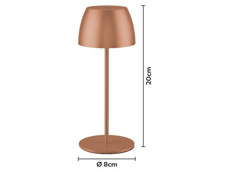 Měděná stolní lampa, vysoká 20 cm s podstavcem o průměru 8 cm.