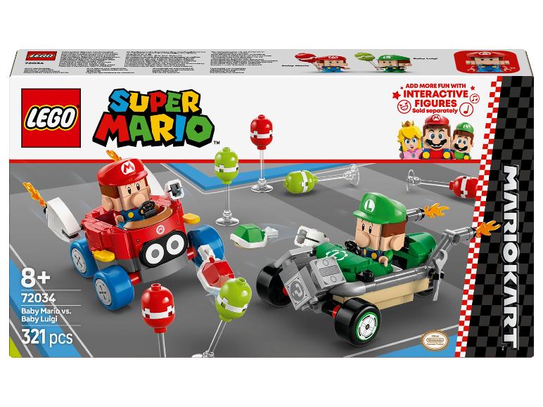 Stavebnice hraček s postavičkami Baby Mario a Baby Luigi v motokárách, 321 dílků.
