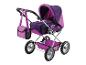 Fialový kočárek pro panenky s odpovídající taškou a hvězdným vzorem.