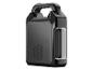 Černá přenosná elektrárna s rukojetí a průhledným bočním panelem, na bílém pozadí.