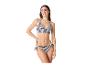 Černobílý pruhovaný bikini: trojúhelníkový vršek a zavázané kalhotky.