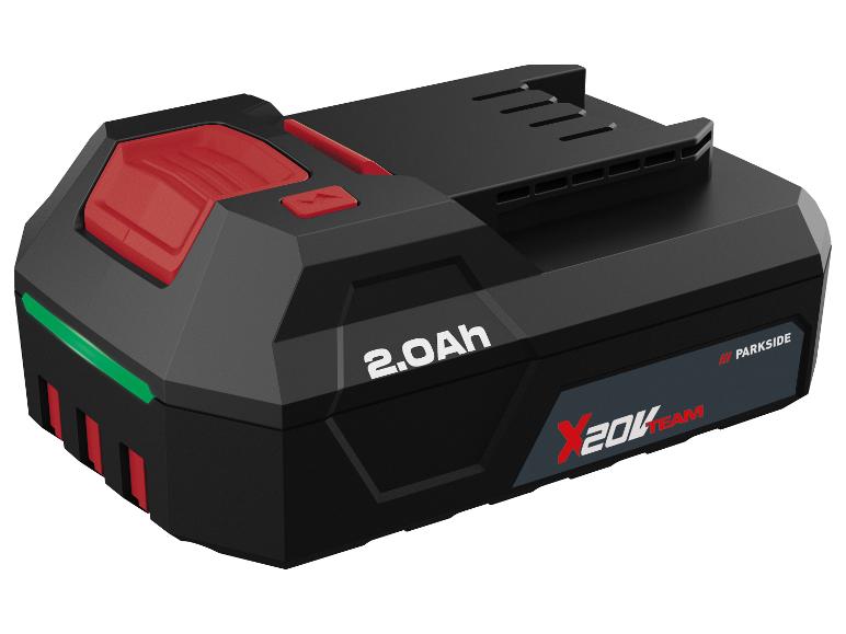 2.0Ah akumulátor pro elektrické nářadí v černé barvě s červenými detaily a zeleným pruhem.
