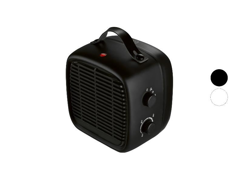 Černý ventilátorový ohřívač s rukojetí a ovládacími knoflíky