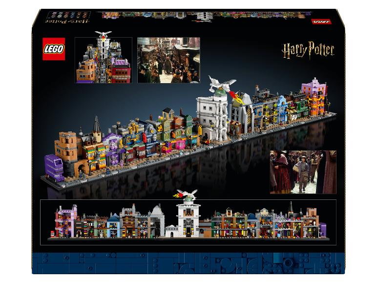 Sada LEGO Harry Potter Příčná ulice s pouliční scénou a detaily interiéru.