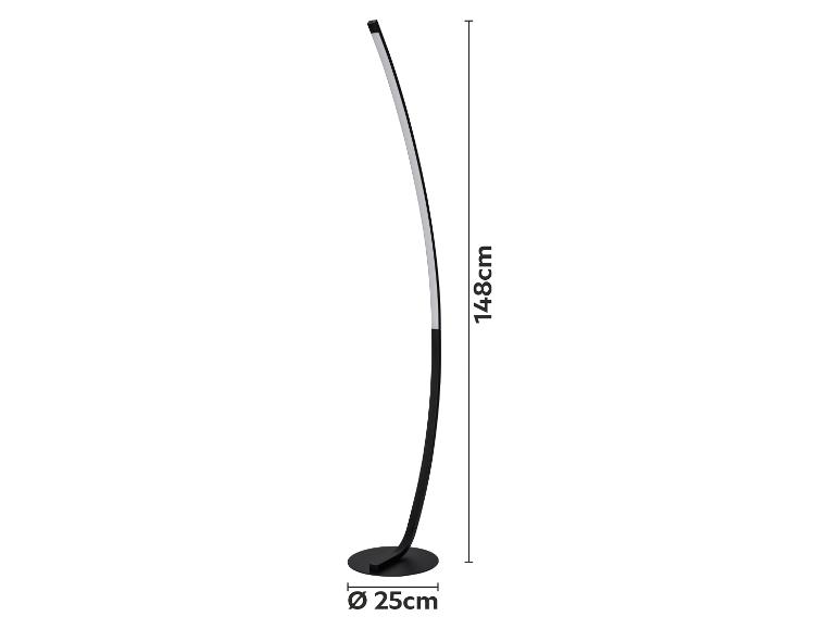 Zakřivená černá LED stojací lampa, vysoká 148 cm, s podstavcem o průměru 25 cm.