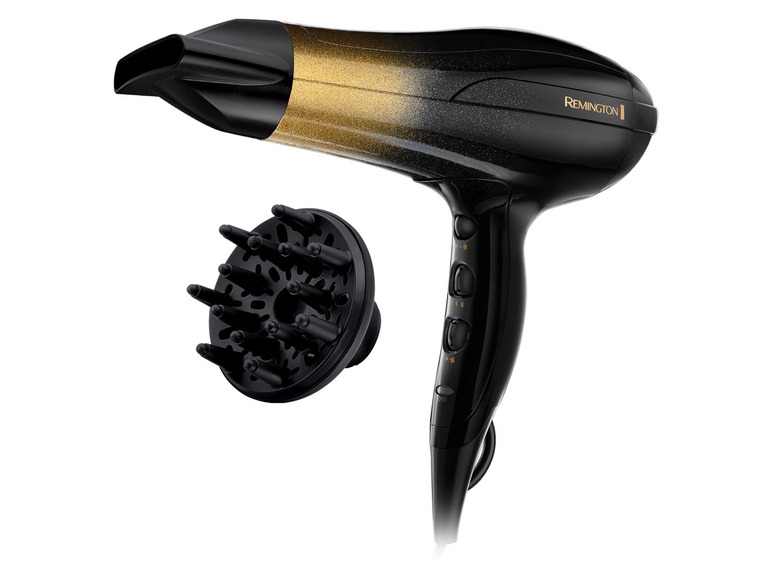 Černý fén Remington se zlatým detailem a difuzérem.