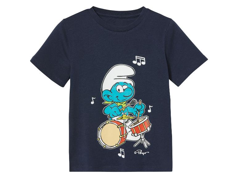 Tmavě modré tričko s potiskem Smurfetky hrající na bubny.