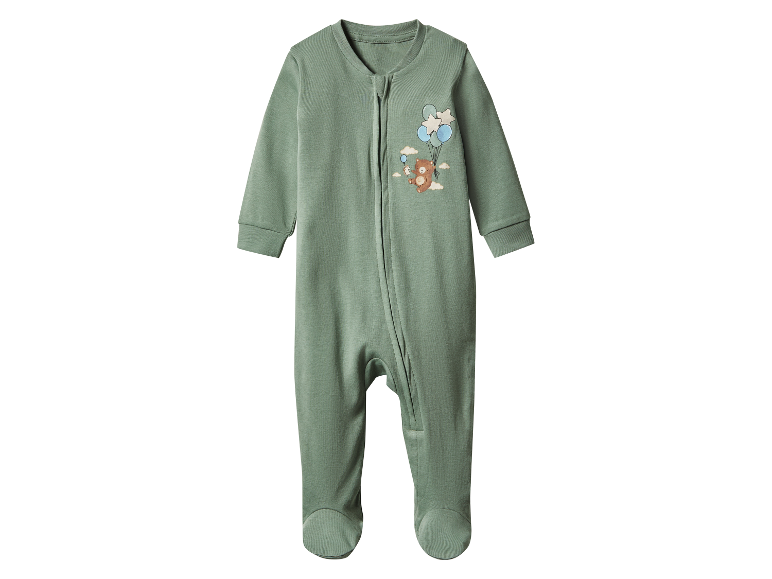 Zelená dětská kombinéza s medvídkem a balónky.