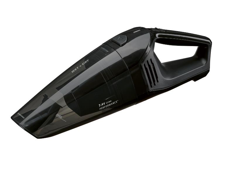 Černý ruční vysavač na mokré a suché vysávání s nápisem 'WET + DRY' a '7.4V Li-ion PERFORMANCE+'.