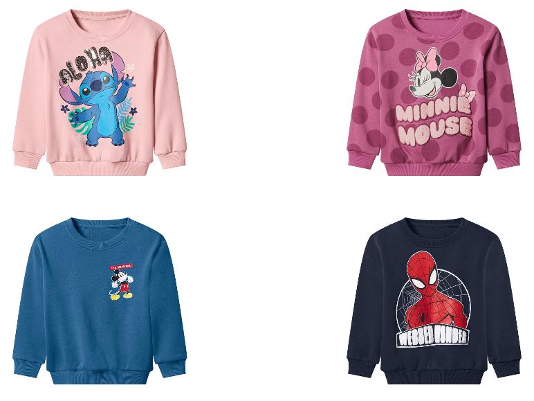Dětské mikiny s potisky Stitch, Minnie Mouse, Mickey Mouse a Spider-Man.