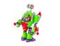Zelená a červená robotická hračka s malou figurkou uvnitř, na bílém pozadí.