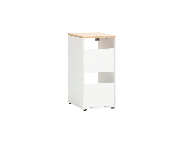 Bílá úložná skříňka s dřevěnou deskou a dvěma zásuvkami.