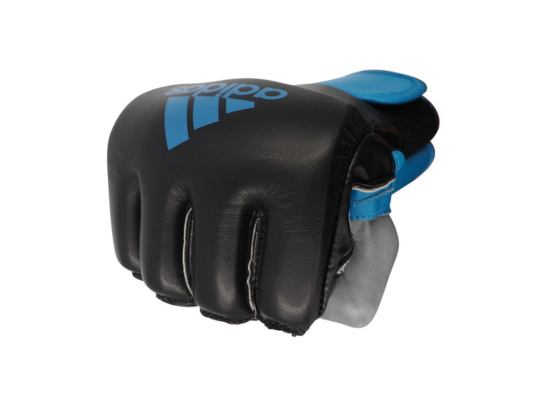 Černé MMA rukavice Adidas s modrými detaily.