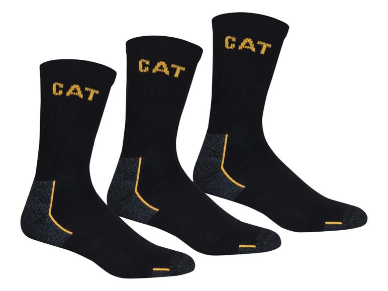 Tři černé ponožky CAT se žlutými detaily a logem.