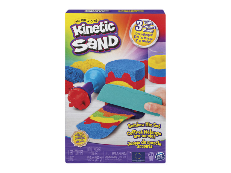 Sada Kinetic Sand s duhovým pískem a nástroji.