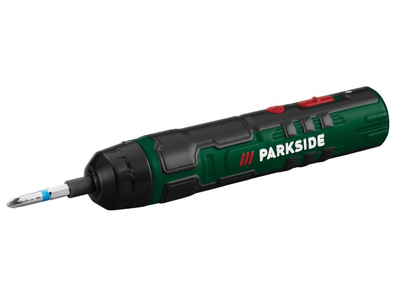 Akumulátorový šroubovák PARKSIDE v zeleno-černé barvě s červenými tlačítky.