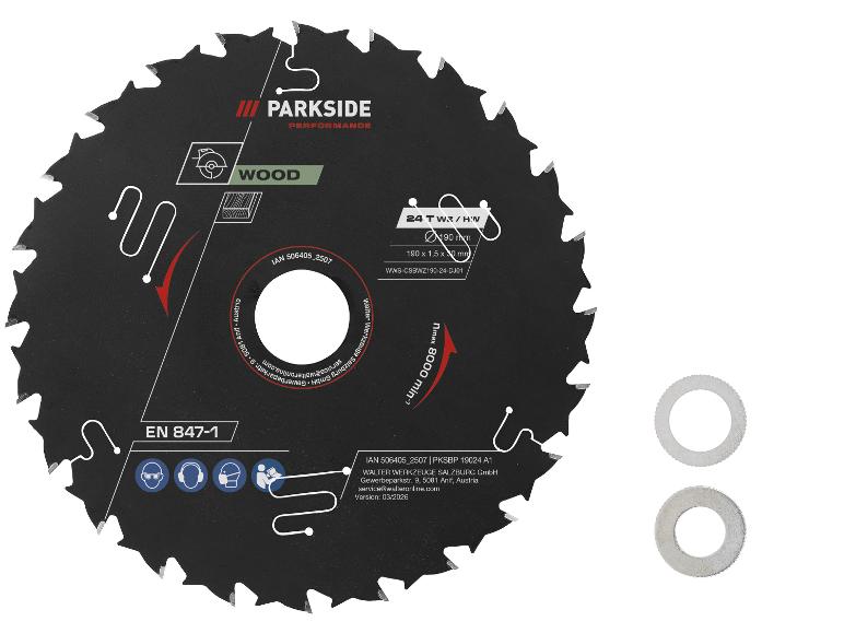 Pilový kotouč na dřevo 190 mm, 24 zubů, max. 8000 ot./min, se dvěma podložkami.