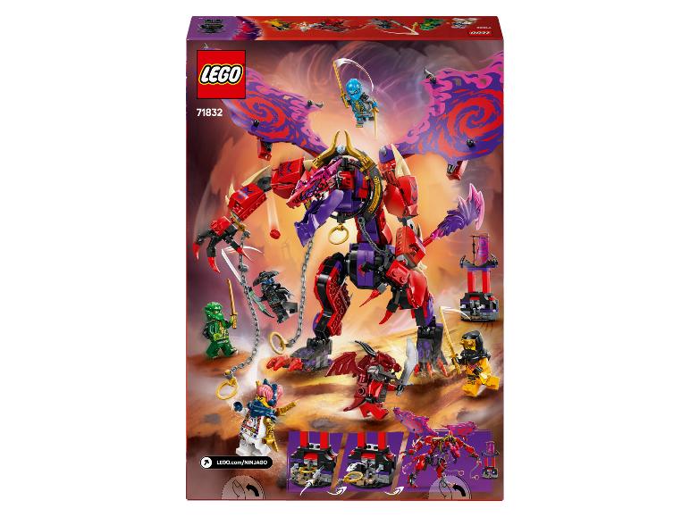 Sada LEGO Ninjago 71832 s velkým červeným a fialovým drakem, minifigurkami a doplňky.