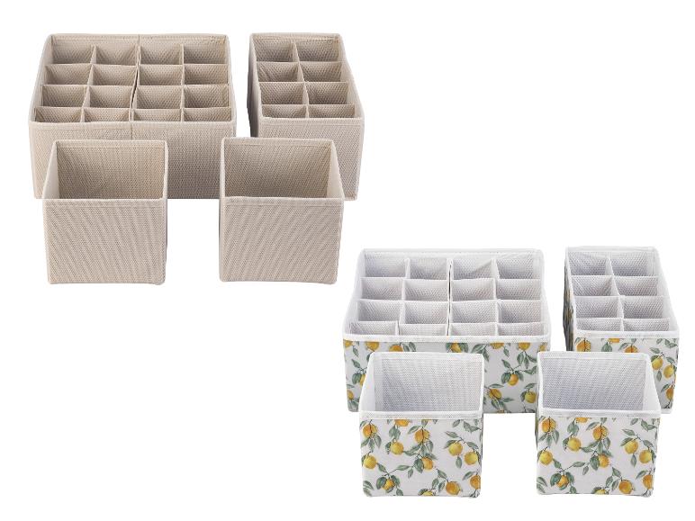 Béžové a citronově potištěné úložné boxy: vícekomorové organizéry do zásuvek.