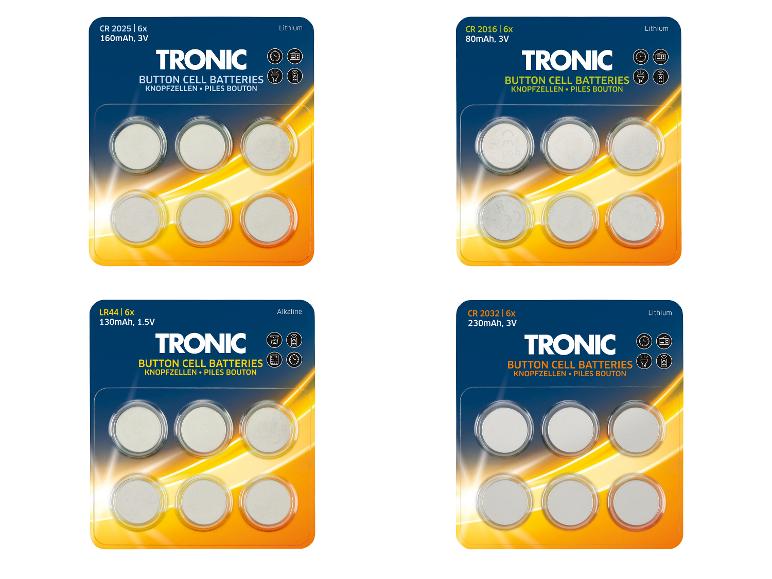 Šest knoflíkových baterií značky TRONIC, typy CR2025, CR2016, LR44 a CR2032.